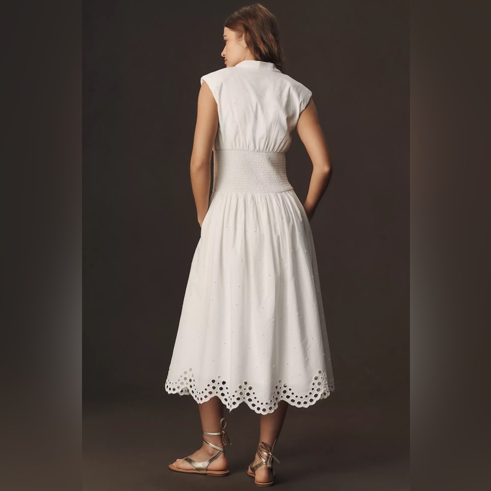 NWT! Anthropologie Tommie Cap-Sleeve Smocked Front-Zip Shirt Dress Eyelet-Trim - Picture 3 of 4